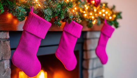 Three bright pink Christmas stockings hanging on a fireplace decorated for Christmas, waiting to be filled with gifts.の素材