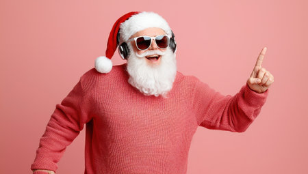 Cool Santa Claus wearing sunglasses and headphones listening to Christmas music and dancing on pink backgroundの素材