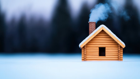 Wooden cabin model with smoke from chimney on snow covered surface with winter forest background. Concept of home, winter, warmth, christmas, holidays.の素材
