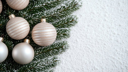 Christmas background with silver and beige ornaments and fir tree branches on snow. Top view with copy space.の素材