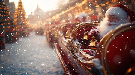 Santa Claus Parade in a snowy Christmas town. Festive holiday season celebration concept.の素材