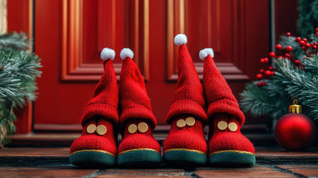 Christmas Elves Shoes on Doorstep, Festive Holiday Decorationの素材