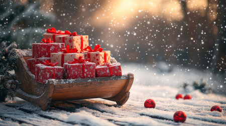 Sleigh filled with red Christmas gift boxes in snowy winter landscapeの素材
