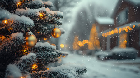 Snowy Christmas Tree with Golden Ornaments and Blurry Street in Backgroundの素材