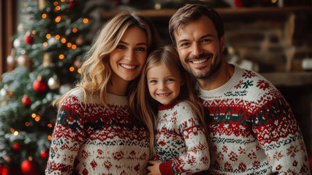 Happy family in matching Christmas sweaters gather near decorated tree for a holiday portrait. Concept of Christmas, love, togetherness, family, and traditionの素材