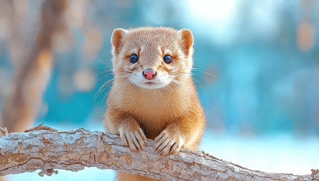 Cute yellow Siberian weasel or kolonok on a tree branch in winter.の素材