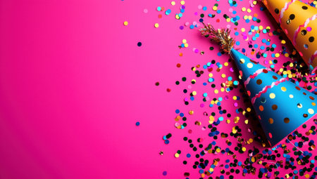 Party hats and confetti on a vibrant pink background with copy space.の素材