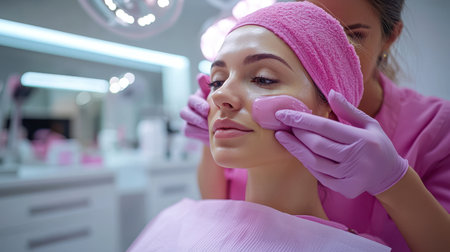 Woman receiving facial treatment with gua sha massage at beauty salon. Concept of skincare, beauty, and relaxationの素材