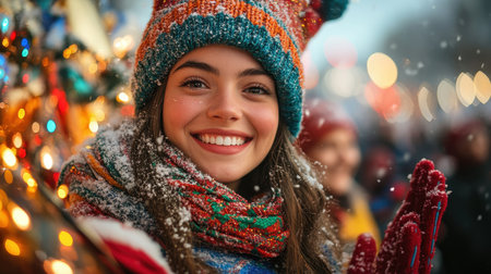 Happy woman enjoying winter holidays at Christmas market. Snow falling.の素材