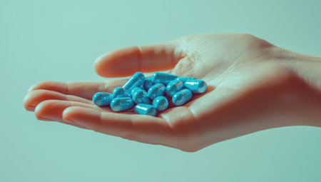Hand holding blue pills. Concept of medicine, healthcare, treatment, and medication.の素材