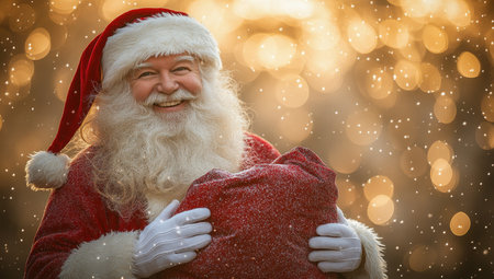 Smiling Santa Claus with a bag of gifts. Christmas magic, holidays, and winter wonderland concept.の素材