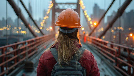 Female Engineer in Hard Hat Walking on Bridge, City Skyline, Construction Conceptの素材
