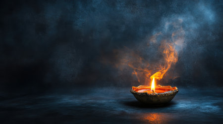 Burning oil lamp on dark background with smoke. Concept of memory, mourning, and remembranceの素材