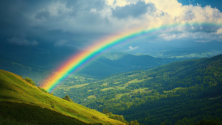 Rainbow over green mountain valley. Concept of hope, beauty, natureの素材