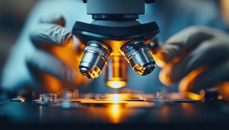 Microscope Lens Examining Sample, Scientific Research Conceptの素材