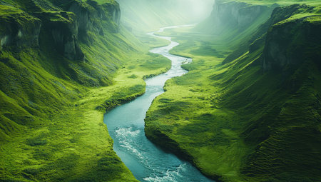 Serene River Winding Through Lush Green Canyonの素材
