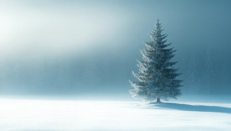 Solitary Snow Covered Pine Tree in a Misty Winterの素材