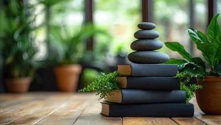 Stack of books with zen stones in green space. Balance, peace, education conceptの素材