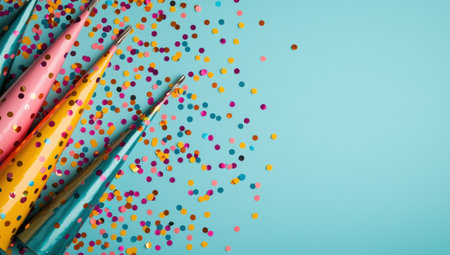 Colorful party hats and confetti on a blue background with copy space.の素材