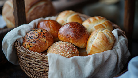 Basket of Freshly Baked Bread Rolls, Variety of Artisan Breadsの素材
