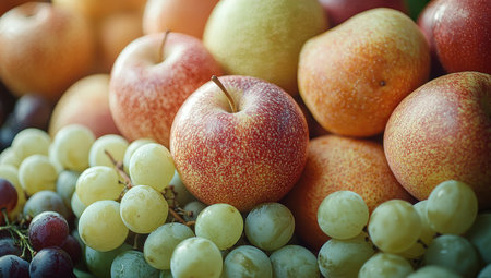 Fresh Apples, Pears, and Grapes, A Colorful Autumn Harvest Displayの素材