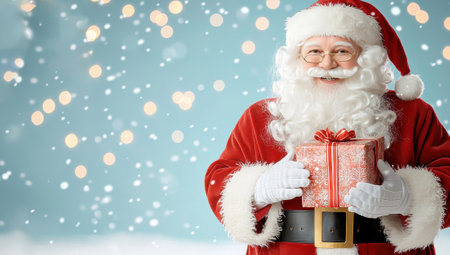 Smiling Santa Claus holding a Christmas gift, snow falling on blue background with bokeh. Concept of Christmas, holidays, winter, celebration, giving.の素材