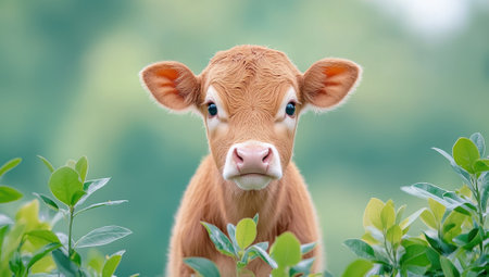 Close up of a cute brown calf looking at the camera, surrounded by green leaves. Concept of livestock, farming, and rural life.の素材