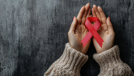 Female hands holding red ribbon, symbol of AIDS awareness on dark background. World AIDS Day concept.の素材