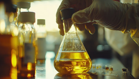 Scientist holding Erlenmeyer flask with yellow liquid. Concept of chemistry, experiment, research, and scienceの素材
