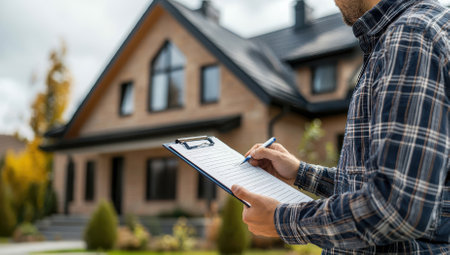 Building Inspector or Real Estate Agent with Clipboard in Front of New Home. Concept of home inspection, real estate, property appraisal, and construction.の素材
