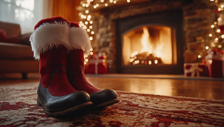 Santa boots by the fireplace with Christmas gifts and lights. Concept of festive holidays, winter, tradition, and celebrationの素材