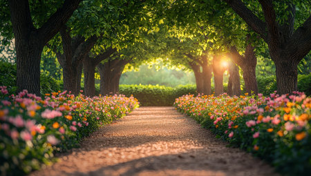 garden path with blooming flowers at sunset. Concept of beauty, nature, peace, and tranquilityの素材