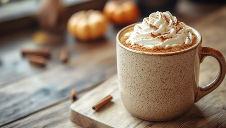 Pumpkin Spice Latte with Whipped Cream and Cinnamon. Autumn Conceptの素材