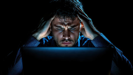 Stressed man working on laptop in dark room. Concept of burnout, stress, and frustration.の素材
