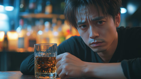 Sad man drinking whiskey alone in bar. Concept of loneliness, depression, alcoholism, addictionの素材
