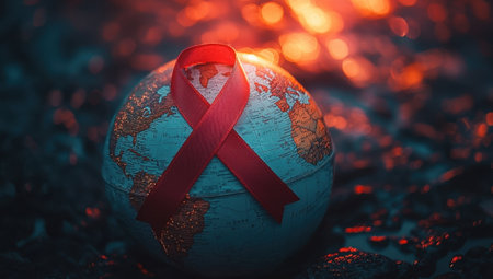 Globe with red ribbon on a dark background with fire. World AIDS Day concept.の素材