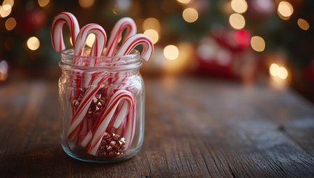 Candy canes in glass jar, Christmas tree lights in background.の素材