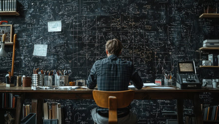 Man researching complex math formulas written on a blackboard. Concept of science, mathematics, physics, researchの素材