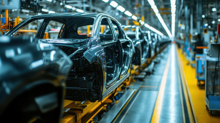 Modern Car Production Line, Vehicle Bodies in Assembly Plant. Concept of Automotive Industry, Manufacturing, Technologyの素材