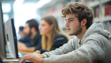 Focused Student Working on Computer in Modern Libraryの素材