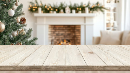Empty wooden table with Christmas living room background. Concept for product display, festive gatherings, and holiday cheer.の素材