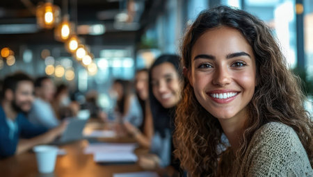 Confident young businesswoman smiling with her team in the background. Concept of teamwork, leadership, and success.の素材