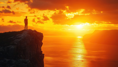 Silhouette of a man standing on a cliff edge at sunset. Concept of adventure, freedom, and achievement.の素材