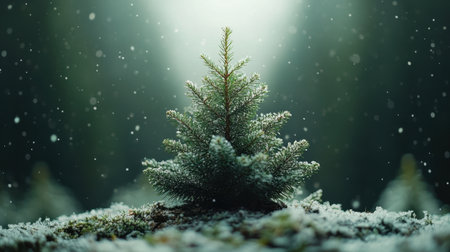 Small evergreen tree covered with snow in forest during winter. Christmas and holiday season, nature, environment, growth, hope, and resilience conceptの素材