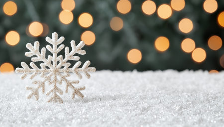 White decorative snowflake on snow with sparkling Christmas lights in background. Winter, Christmas, and holiday concept.の素材