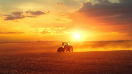 Tractor Plowing Field at Sunset, Agriculture, Farming Landscapeの素材