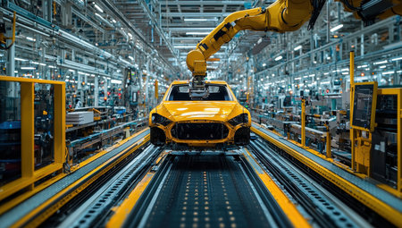 Car Manufacturing Plant, Robotic Arm Assembling Vehicle on Production Lineの素材