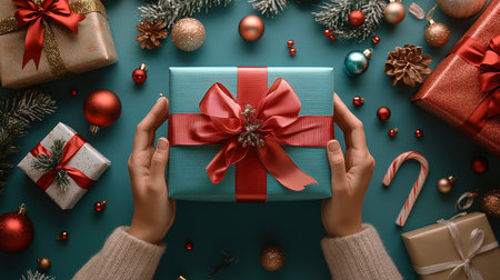 Woman's Hands Holding Christmas Gift Box, Festive Season Flat Layの素材