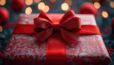 Christmas gift with red ribbon and festive bokeh. Concept of Holiday Season, Givingの素材