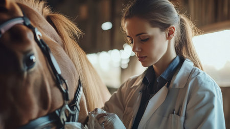 Veterinarian examining a horse. Concept of animal care, health, and medicine.の素材